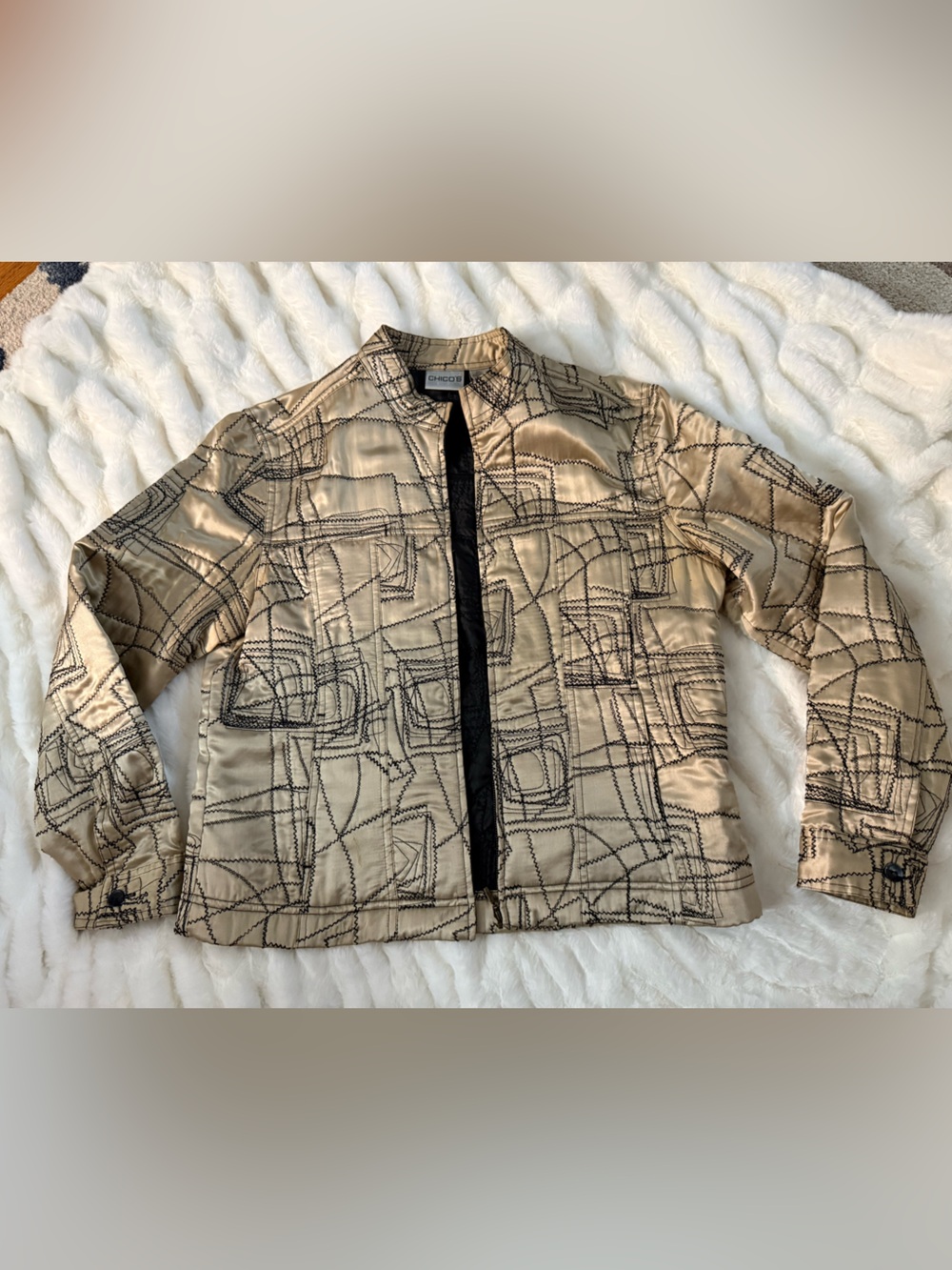Chico's Gold Satin Jacket with Black Geometric Stitching Size 1